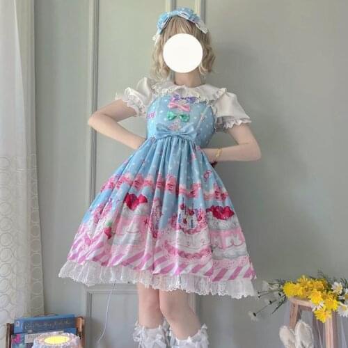 Japanese Sweet Lolita Jsk Dessert Cake Dress Cute Jsk Suspender Dress Summer Sleeveless Lace Bow Princess Party Dress