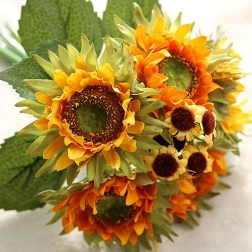 Silk Yellow Sunflower Branch 27CM Bright Color Artificial Sun Flower Bouquet Wedding Desk Decor Floral Bush for Vase