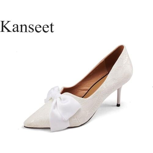 Kanseet Women Pumps Wedding Party Dress Shoes 2021 Spring Autumn New Fashion Butterfly-Knot Shoes High Heels Red Large Size 43