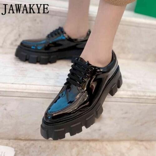 Winter New Luxury Brand Shoes Women Pointy toe Chunky Bottom Punk Shoes Genuine Leather Casual Lace up Flat Loafers Shoes Mujer