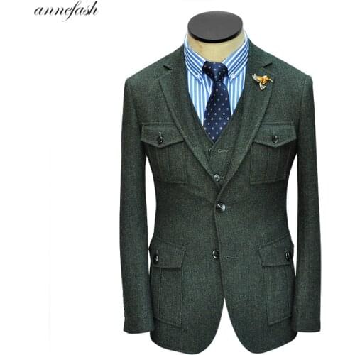 Army green wool herringbone tweed hunting suit British retro fit men suit vest three piece suit