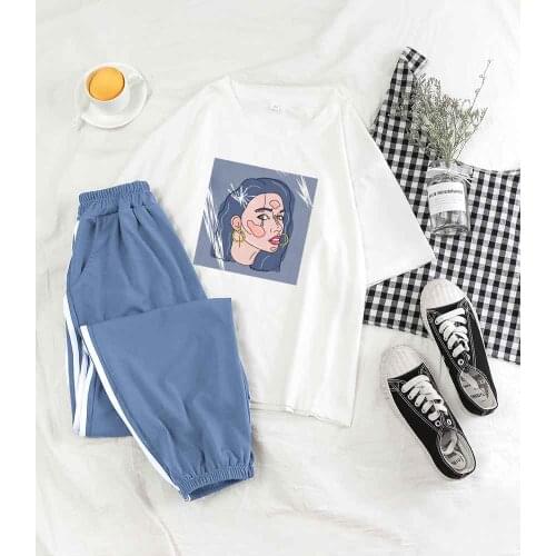 Vintage Women Trousers Set 2 Piece Set Women Short Sleeve Crop Top Trouser and Top Fashion Lady Printing Sports Pants Blue Suit
