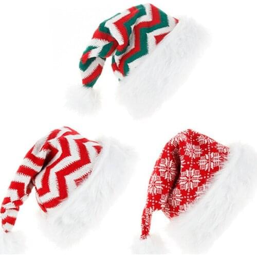 Knitted Santa Hat Cute Hairball Plush Striped Snowflake Christmas Wool Santa Hat Festival Holiday Decoration