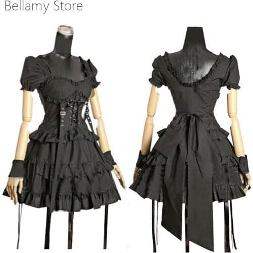 Retro Gothic Punk Lolita metal decorative strap back bow dress for women