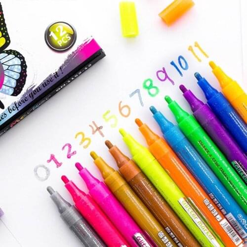 12 Colors Glitter Highlighter Pen Fluorescent Marker Set DIY Graffiti Drawing M17F