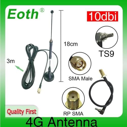 4G LTE Antenna 10dbi SMA Male Connector Aerial 698-960/1700-2700Mhz magnetic base 3M Cable + 20cm SMA Female to CRC9 Male Cable