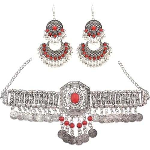 Bohemian Gypsy African Silver Color Coin Tribal Indian Statement Coin Red Black Stone Necklace Jhumka Turkish Party Jewelry Set