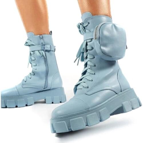 Winter Fashion Motorcycle Boots Wedges Flat Boots Woman High Heel Platform PU Leather Boots Lace Up Women Shoes Black Booties