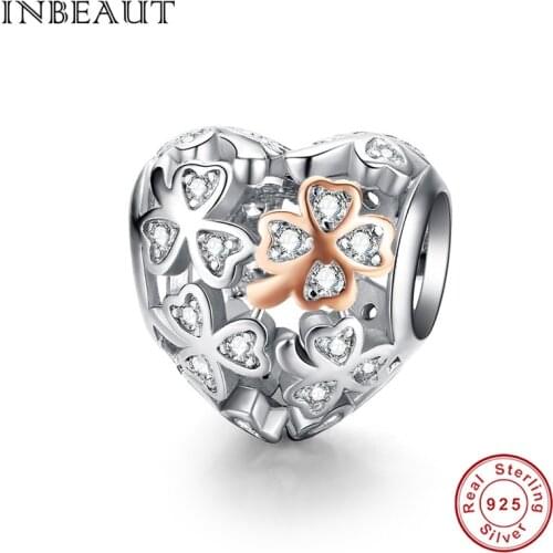 INBEAUT 100% 925 Sterling Silver Original Clover Bow Heart Beads fit Brand Bracelet Rose Gold White Zircon Flower Charms