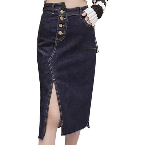 Spring autumn High Waist Single Breasted Women Jean Skirt Stretch Skinny split step Pencil Skirt