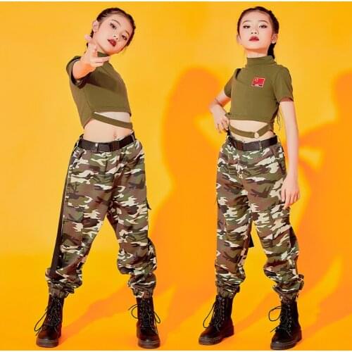 Kids Hip Hop Clothes Girls Jazz Dance Performance Costume Camouflage Pants Hiphop Suit Street Dance Outfits Stage Wear DNV14763