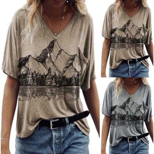 New Womens Loose Landscape Print V-neck Short Sleeve T-shirt Casual Plus Size Solid Color Tops Ladies Fashion Clothing