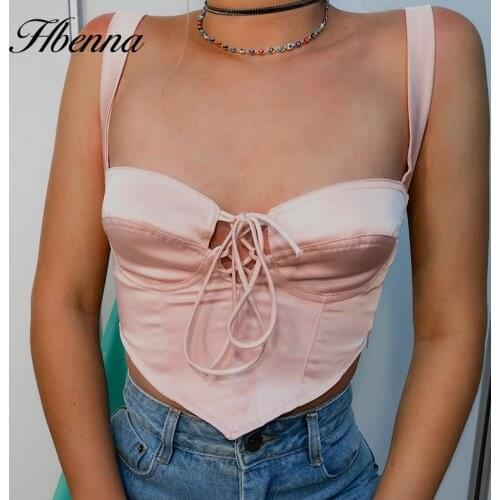 Hbenna Satin Crop Top Women Elegant V-Neck Asymmetry Hem Laceup Tank Top Summer Solid Fashion Women Party Satin Top Hollow Out