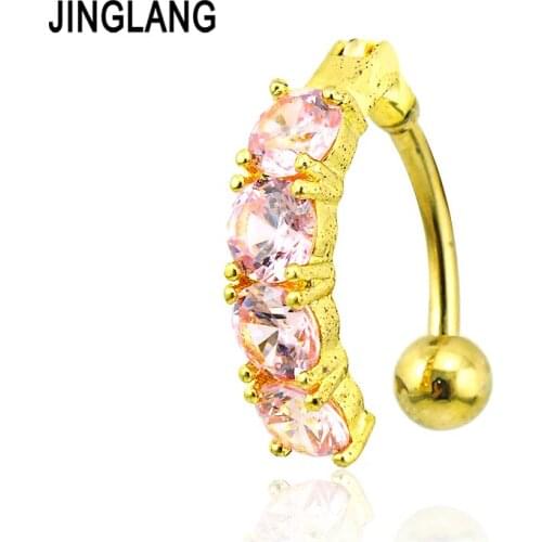 JINGLANG New Gold Color Belly Button Rings 316L Stainless Steel Barbells 3 Color Rhinestone Bar Navel Piercing Jewelry