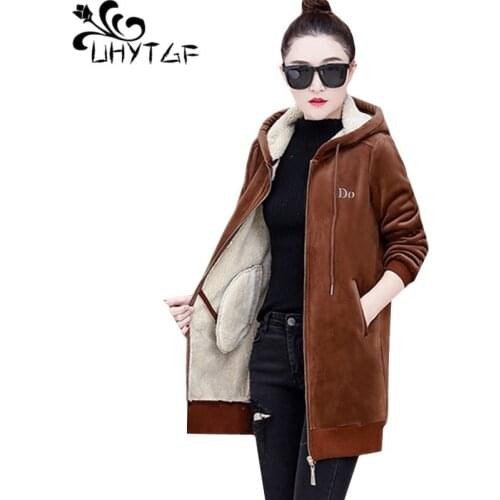 UHYTGF Quality lambswool winter Coat womens Plus velvet Thick Sweatshirt autumn jacket Female Hooded Casual plus size coats 943