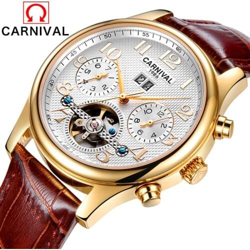CARNIVAL Skeleton Tourbillon Mechanical Watch Men Automatic Classic Rose Gold Leather Mechanical Wrist Watches Reloj Hombre 2019
