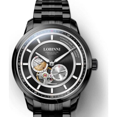 Mens automatic watches,top luxury brand watch men LOBINNI skeleton self wind mechanical wristwatch waterproof Switzerland clock