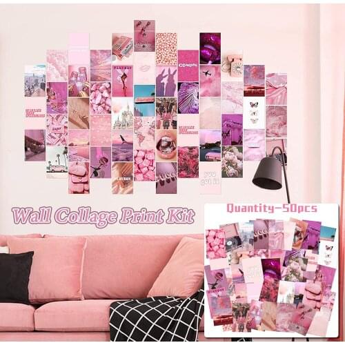 50Pcs Retro Wall Collage Set Pink Aesthetic Picture Flower Advanced Art Postcard Home Wall Poster Decoration 10x15Cm Photo