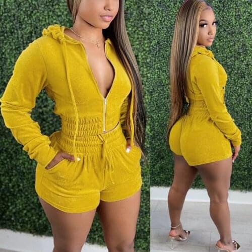 Solid Hooded Zipper Suit Casual Long Sleeve Crop Top + Drawstring Biker Shorts Velvet Two-piece Female Suit Sporty Outfits