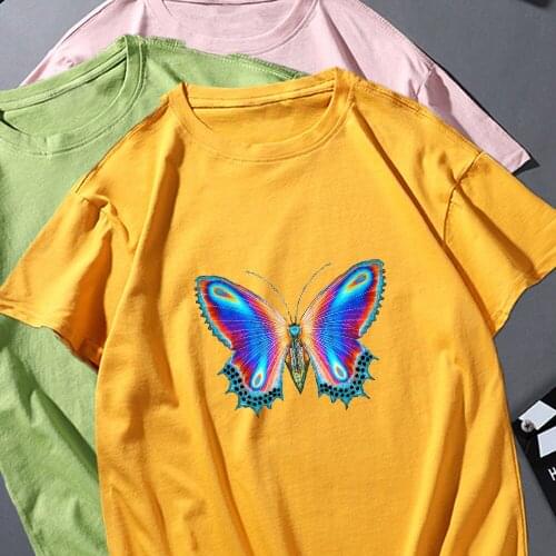 Chic Color Butterfly Print Tshirt Summer Aesthetic T Shirt Short Sleeve Tumblr T Shirt Korean Hiphop Plus Size Women Top