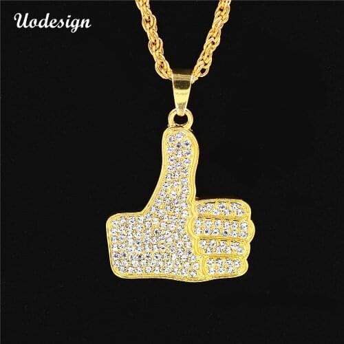 Uodesign Hip Hop Full Rhinestone Thumbs Up Sign Necklaces & Pandents Bling Gold Cuban Chain Necklace Jewelry