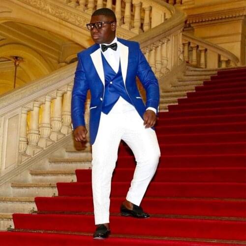 Royal Blue Jacket Vest With White Pants Slim fit Men Suits for Wedding 3 piece Man Fashion Groom Tuxedos Notched Lapel Blazer