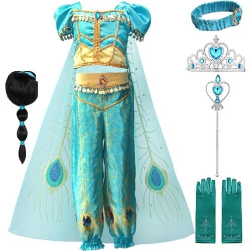 Girls Princess Jasmine Costume Party Princess Dress Fancy Clothing Set Top Pants Cloak for Child Aladdin the Magic Lamp Costume