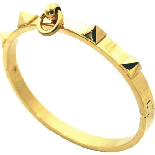 Punk Jewelry Spike Yellow Gold Tone 3 Color Rivets Taper Blank Stainless Steel Bangle Bracelet for Women