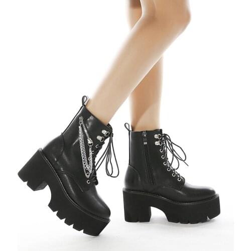 High Quality PU Leather Gothic Black Boots Women Heel Sexy Chain Chunky Heel Platform Boots Female Punk Style Ankle Boots Zipper