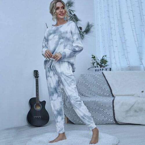 2021 Spring New Casual Pencil Pants Loose Womens Tie-Dye Round Neck Long Sleeve Pullover Large Size Home Wear Two-piece Set