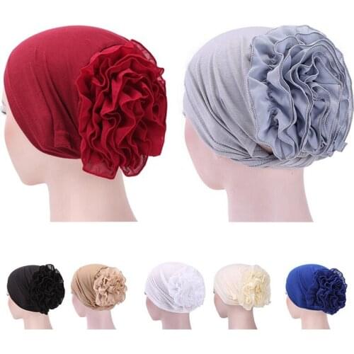 Women Flower Muslim Ruffle Cancer Chemo Hat Flower Muslim Beanie Scarf Turban Head Wrap Cap High Quality Knitted Hats