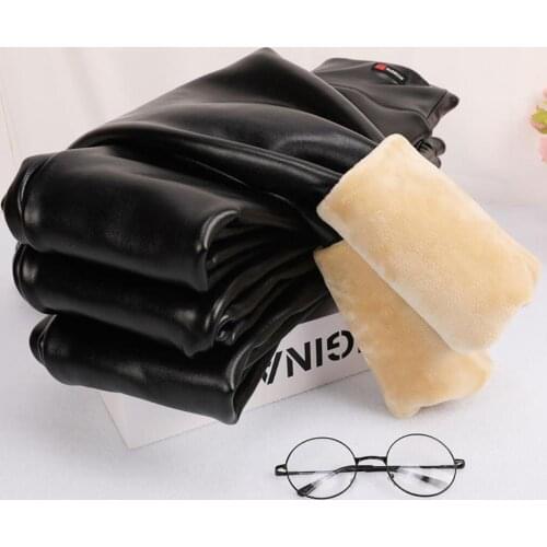 2020 Black Leather Warm Pants Winter Skinny Thick Velvet Casual Wool Fleece Trousers Lambskin Cashmere Pants For Women Leggings