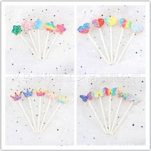 5pcs/Set Colorful Star Heart Crown Butterfly Cake Topper Cake Flag Home Birthday Party Dessert Decoration Baby Shower Toppers