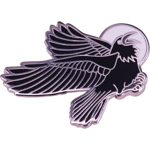 Raven Moon Badge brooch Black Bird Crow enamel pin Halloween art Goth Magic Witch Collection