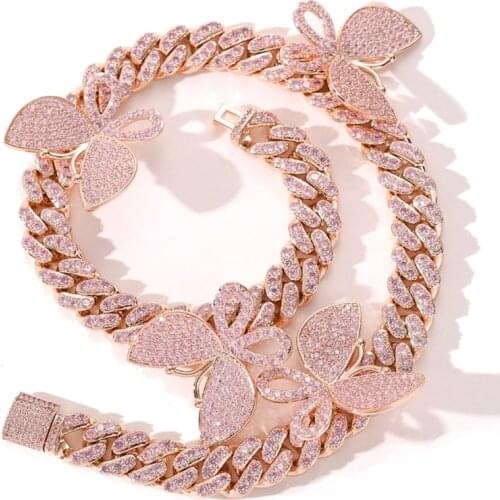 Hip Hop AAA Cubic Zircon Rose Gold Cuban Chain Ice Out Butterfly Men Necklace High Quality Link for Male Jewelry