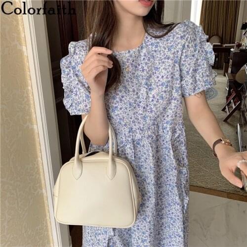 Colorfaith New 2021 Women Summer Dresses High Waist Printed Floral Vintage Fashionable Sweet Wild Elegant Lady Long Dress DR9250