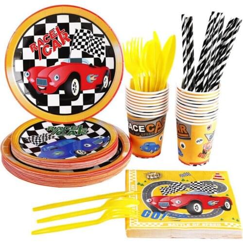 Racing Car Birthday Theme Supplies Set Party Cups Plates Tableware Paper Straws Tablecloth Birthday Party Napkins Flag Decorate