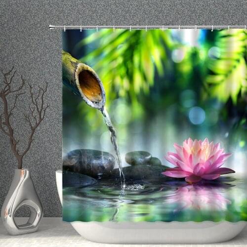 Idyllic Creek Zen Stone Lotus Butterfly Green Bamboo Shower Curtain Set Waterproof Polyester Fabric Bath Curtains With Hooks