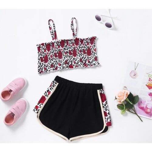 Girls Clothing Set Fashion Clothes 2 Pcs Sets Leopard Strap Tops+short Pants Comfortable Kids Summer Clothes Girls Outfits 5-10Y