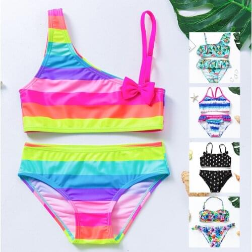 2-16years 2021 Girls Swimsuit Two Piece Oblique Shouldered Childrens Swimwear Ruffles Striped Bathing Suit Beachwear