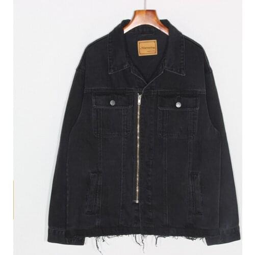 Korean Fashion Black Denim Jacket Women Loose Student Outerwear Burrs Hem Zipper Long sleeve Jeans Jacket Female Chaqueta Mujer