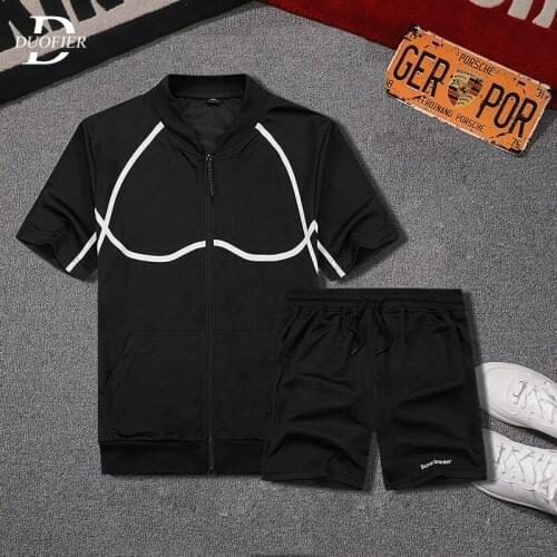 Summer Men Casual Tracksuit Sets Zipper Loose Mens Sportswear Jogger T-shirts+Shorts 2PCS Set 2021 New Sport Suits Striped Solid