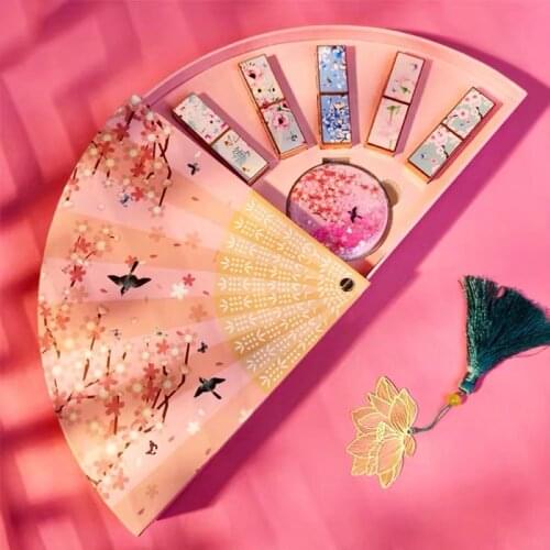 Chinese Style Carved Lipstick Set Peach Blossom Fan Gift Box Lip Cosmetics 5 Color Velvet Matte Lipgloss Beauty Make Up Tool Kit