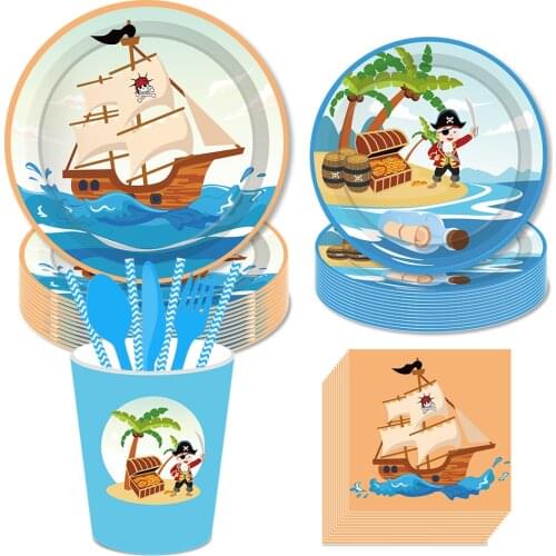 Caribbean Pirate Tableware Sets Nautical Pirate Kid Happy Birthday Party Decoration Disposable Dinner Dessert Plates Party Favor