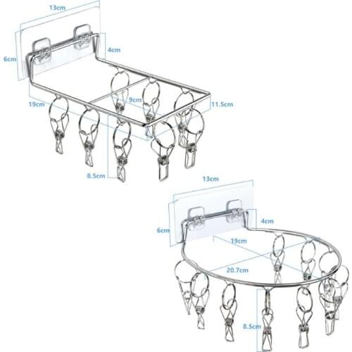 Wall Mount Stainless Steel Clothes Pin Hanger Storage Organizer Laundry Drying Rack with 8/10 Clips for Hat Sock Underwear A0KE