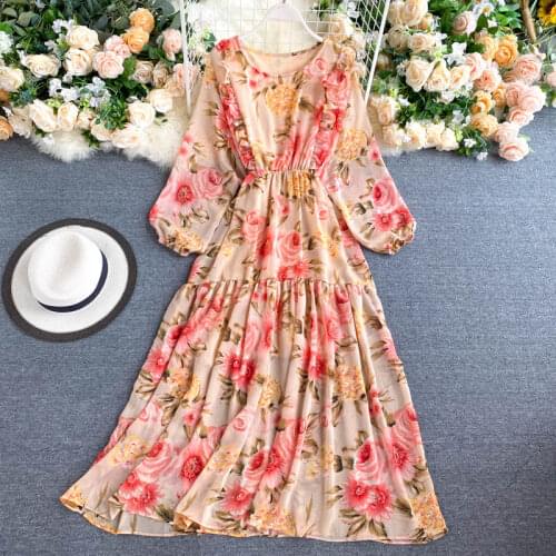 New Autumn Women Dress Voile O-neck Long Sleeve Dress Retro Ladies Casual O-neck Floral Printed Thin Mid-calf Swing Dresses