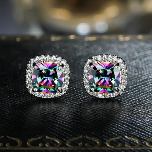Charm Multicolor Square Birthstone Stud Earrings For Women Wedding Jewelry Rainbow Crystal Zircon Screw Back Earrings Party Gift