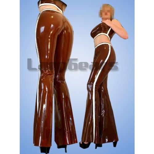 Sexy brown latex trousers pants with white strips custom made without the tank tops