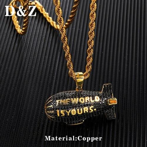 D&Z THE WORLD IS YOURS Blimp Necklace Hip Hop Iced Out Bling Black CZ Airship Pendant For Men Jewelry Drop Shipping
