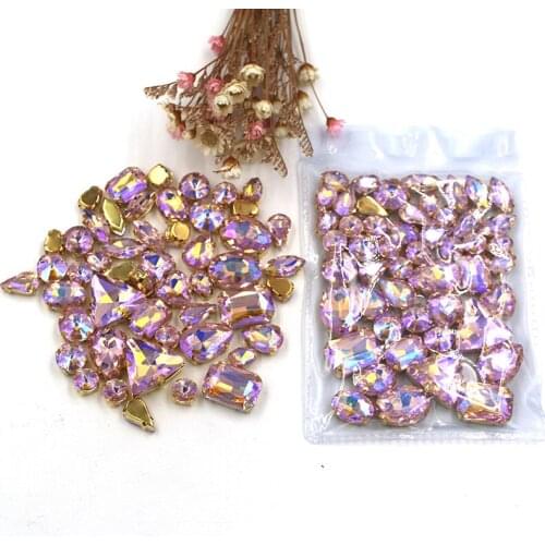 Sell at a loss!mixed shape Pink AB sew on glass claw rhinestones with gold base diy clothing accessories
